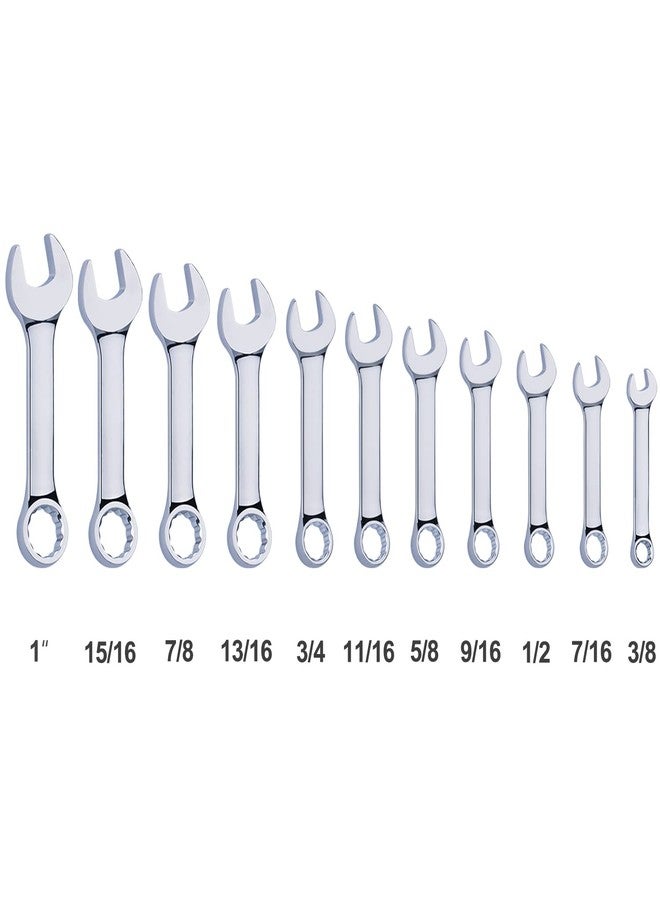 EFFICERE Premium Stubby Combination Wrench Set with Roll-up Pouch, 11-Piece, SAE, 3/8” to 1”, No Skipped Inch Size | Cr-V Steel, Mirror Polished Finish | Short Length and Slim Body, Perfect for Confined Areas - Image 3